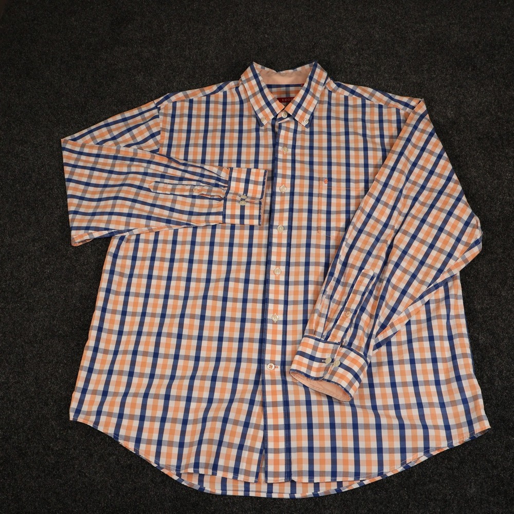 IZOD Mens XL Long Sleeve Button Down Shirt Orange Blue Plaid Check Pocket Logo